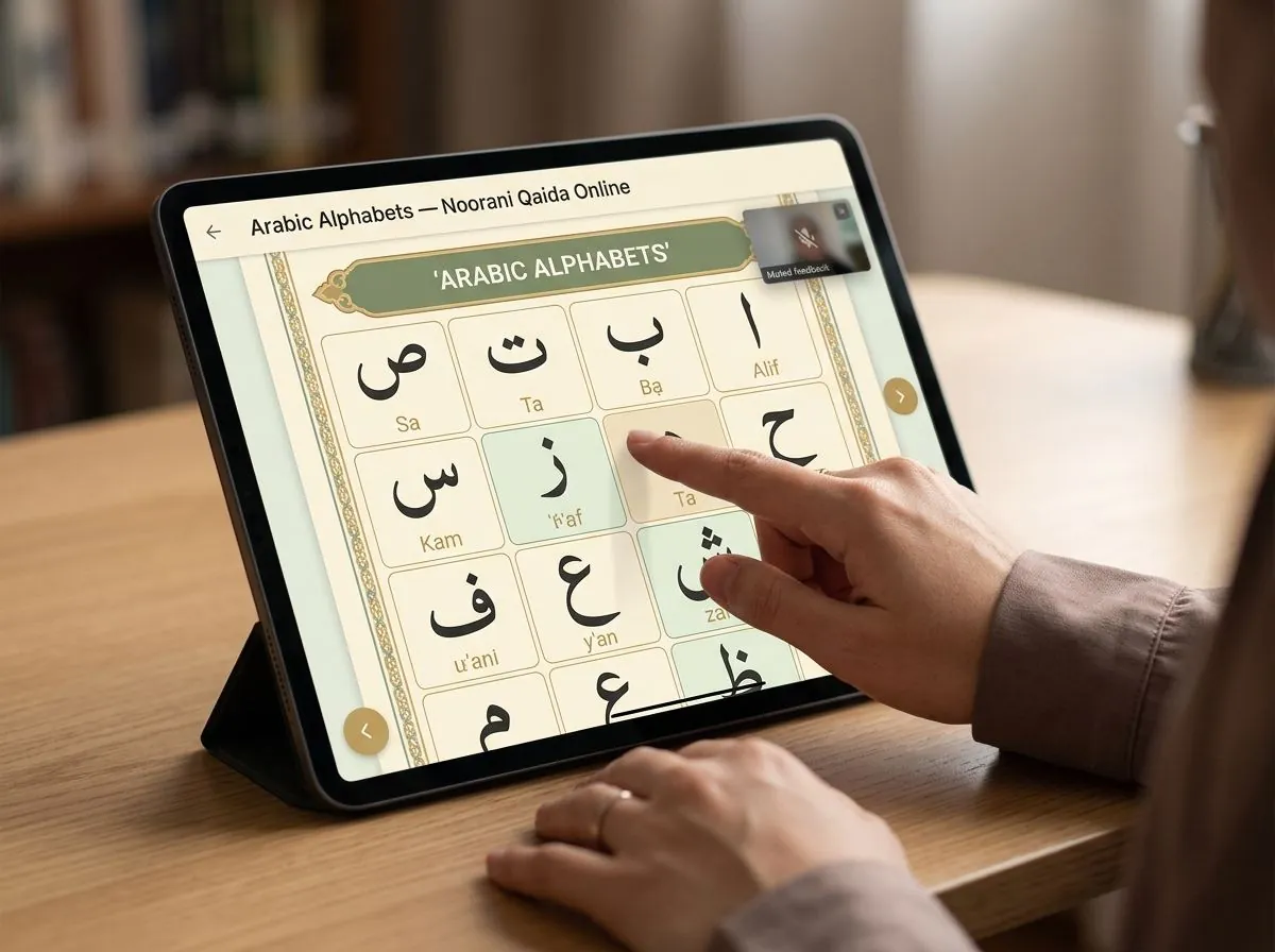 Young student learning Arabic alphabets online with a certified teacher