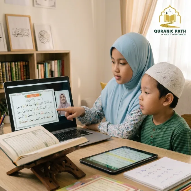 A young student learning Quran online with joy and engagement