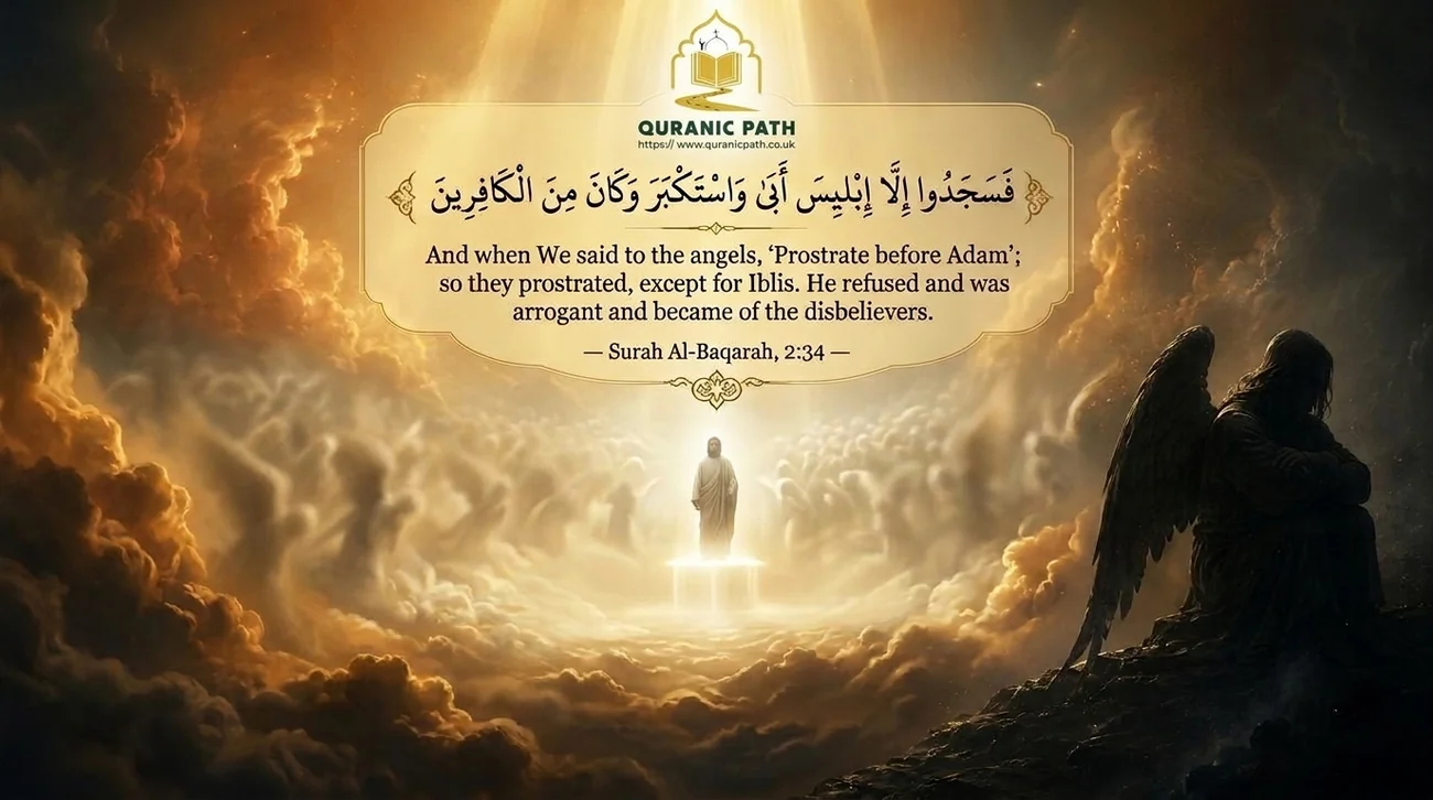Student reading Quran with focus and devotion, reflecting on the prostration of the angels before Adam