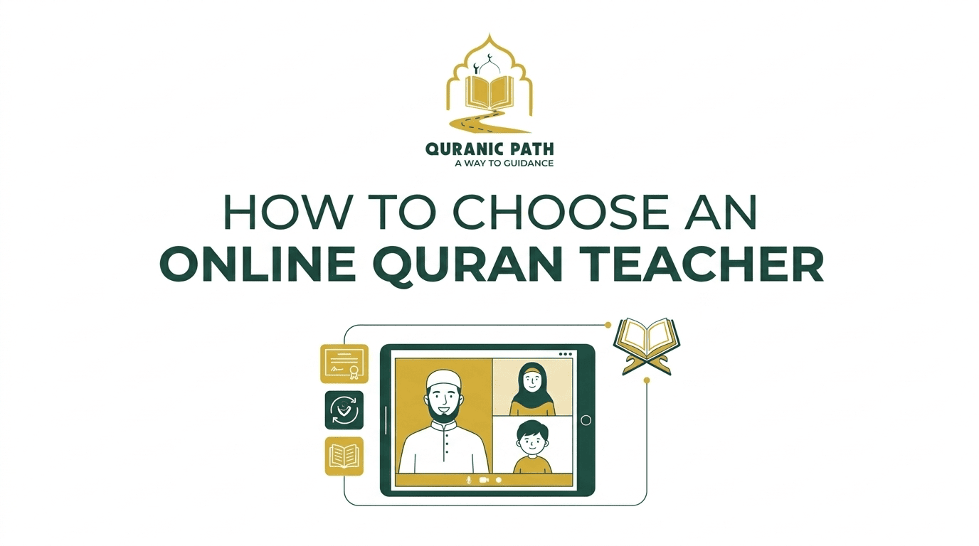 Student in online Quran class with teacher on laptop screen