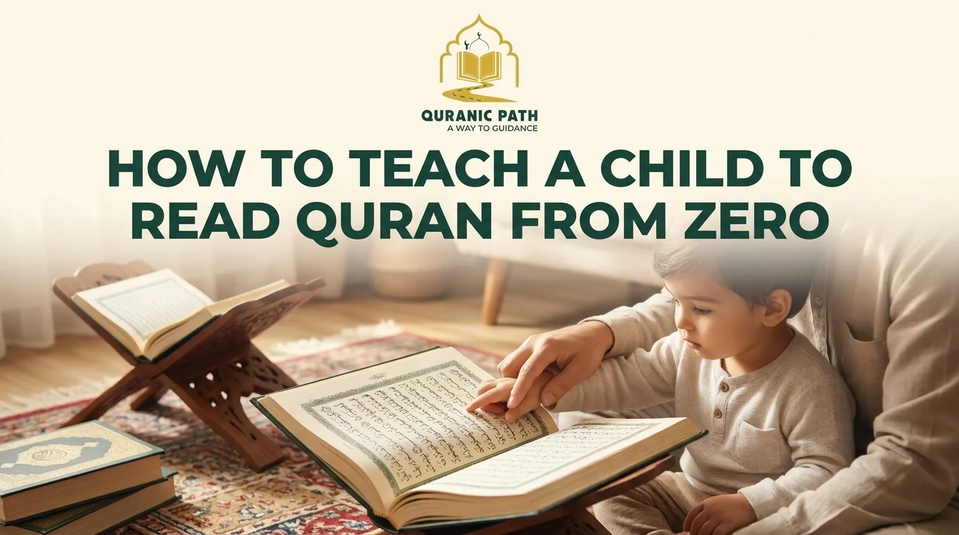 Young Muslim child reading Quran with parent guidance